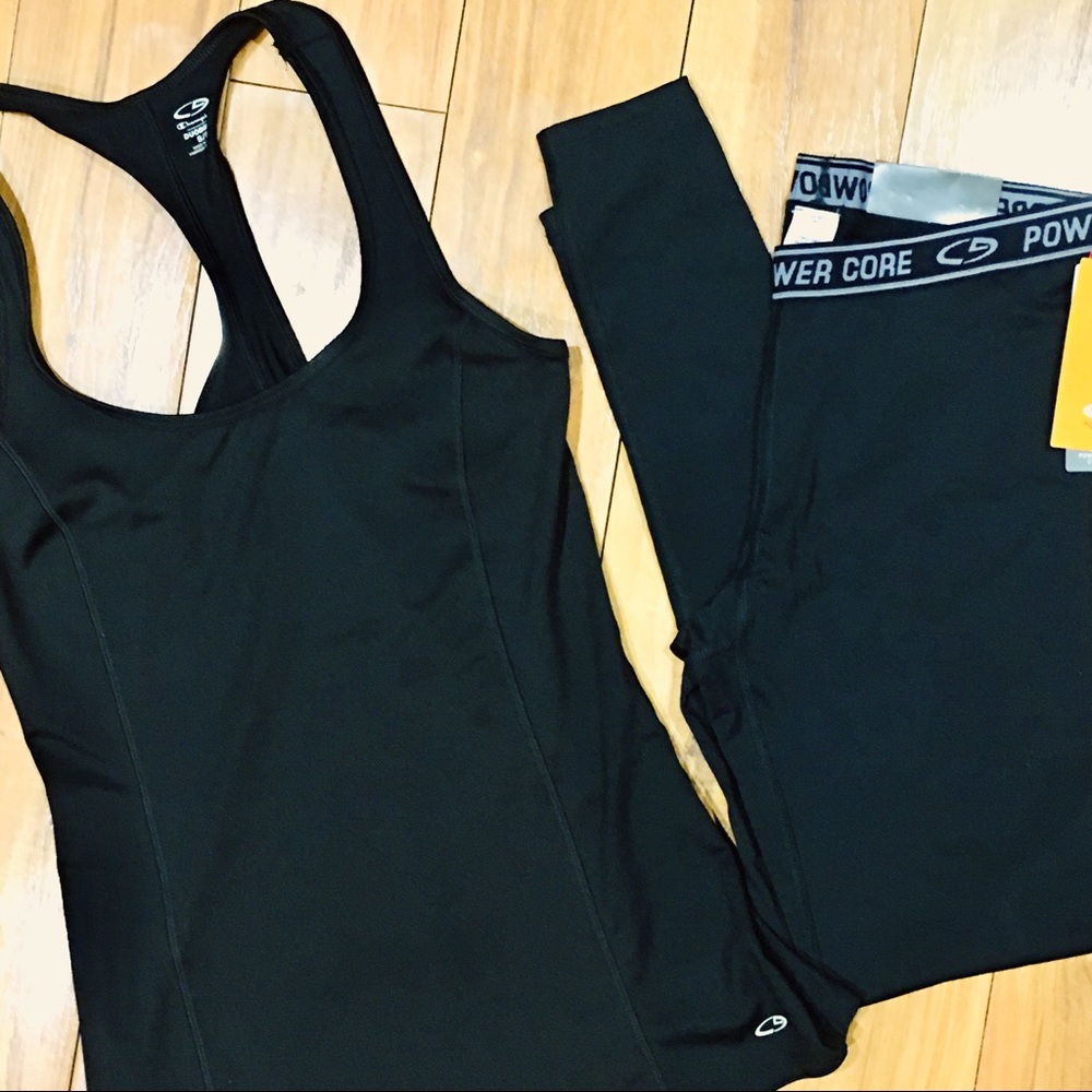 Fitness gym tank top and black leggings yoga outfit set — black - champi…